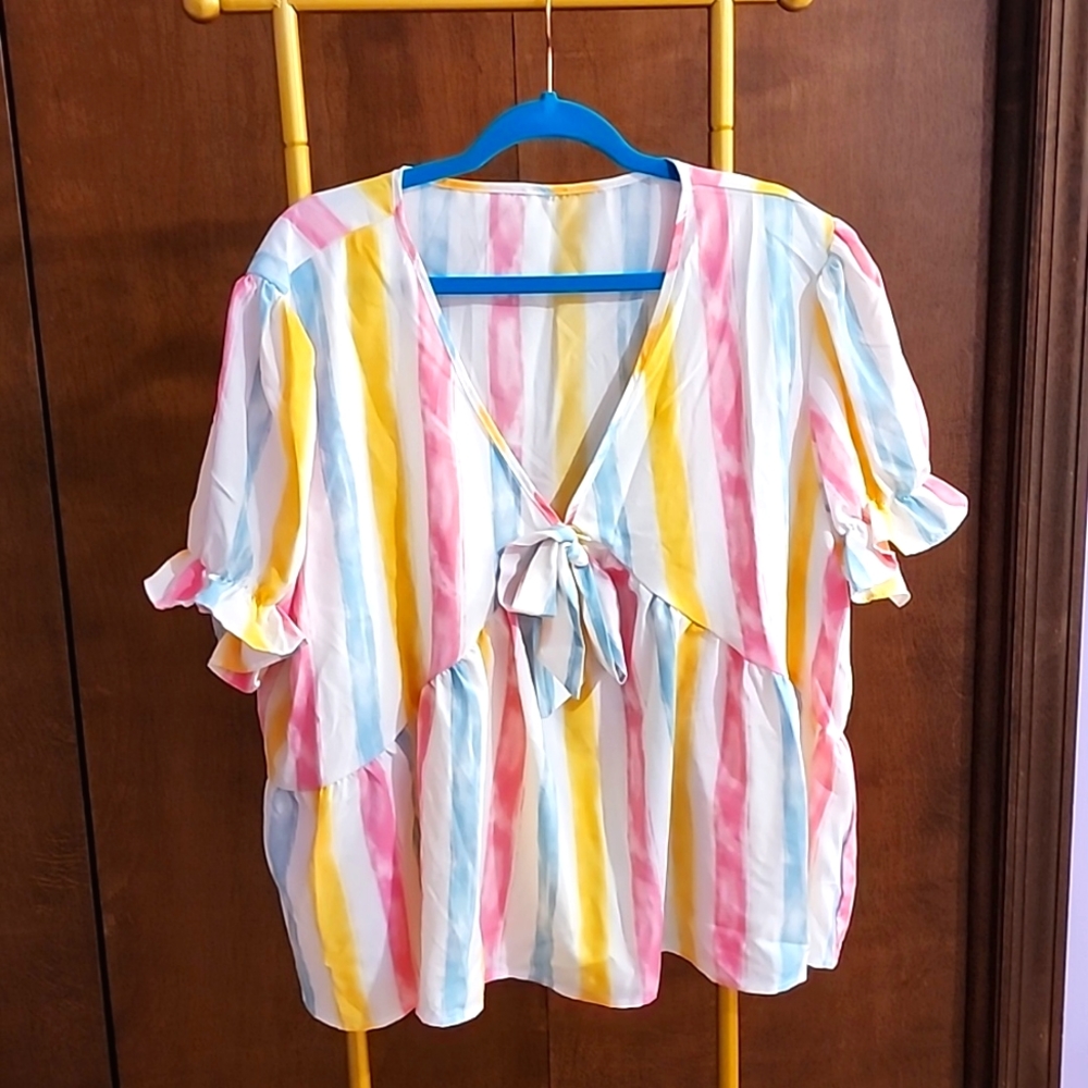Shein curve 4xl rainbow stripe bow front blouse